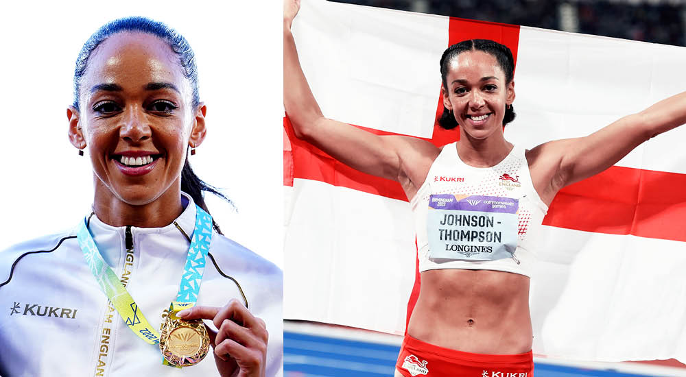 Katarina Johnson-Thompson holding her Commonwealth Games gold medal and holding the St George's flag
